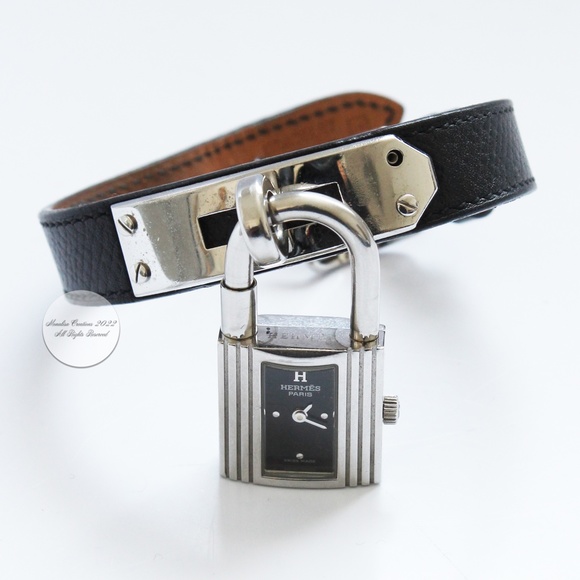Hermes Kelly Watch Silver Cadena Lock Black Epsom Leather Strap 2004 with COA main image 11